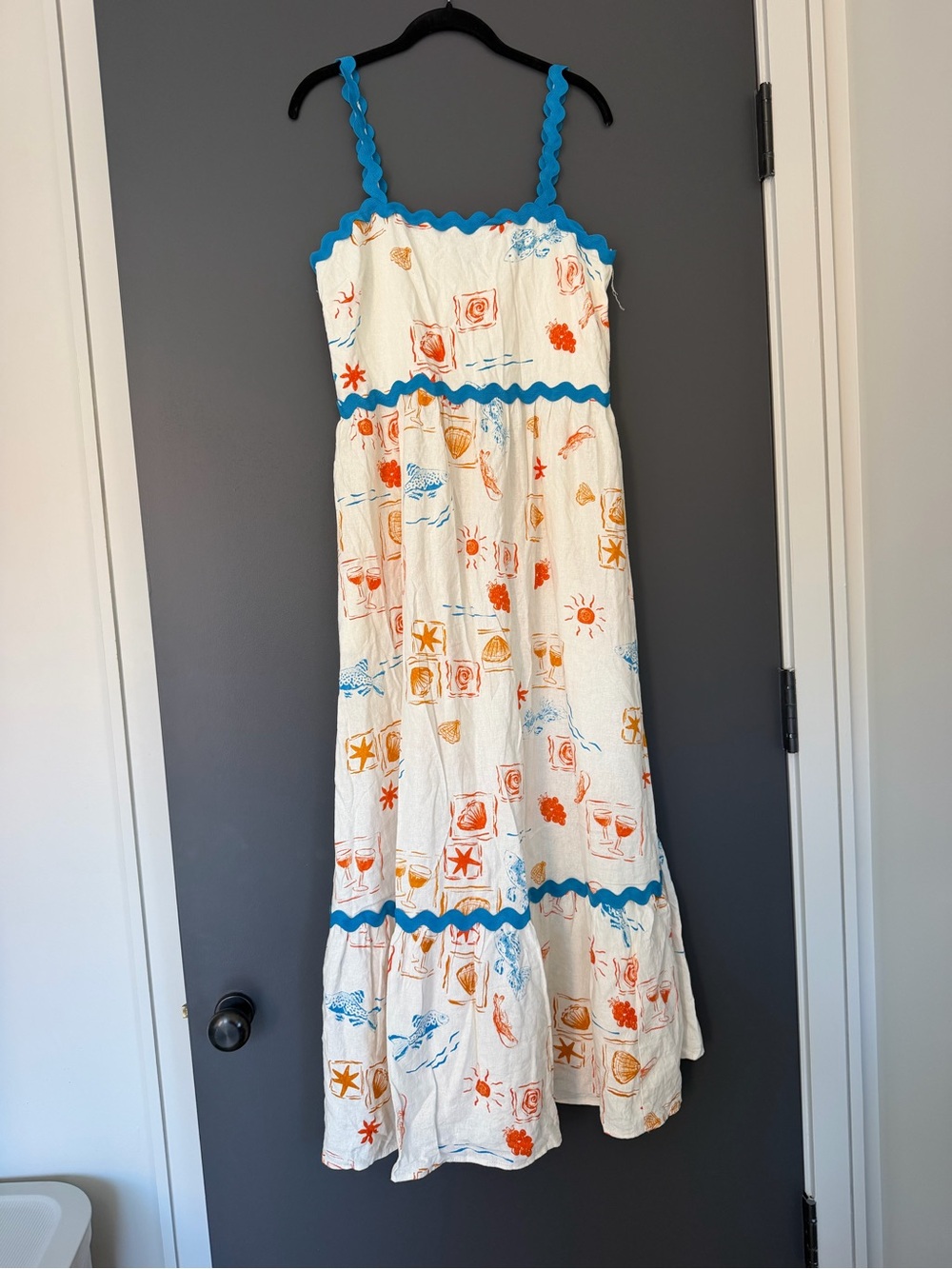 CeCe White Maxi Dress with Blue Trim and Orange Accents